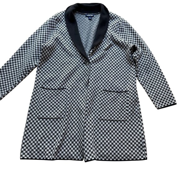 Lands End Size XL 18 Black & White Houndstooth Shawl Collar Long Cardigan Jacket - Picture 1 of 15